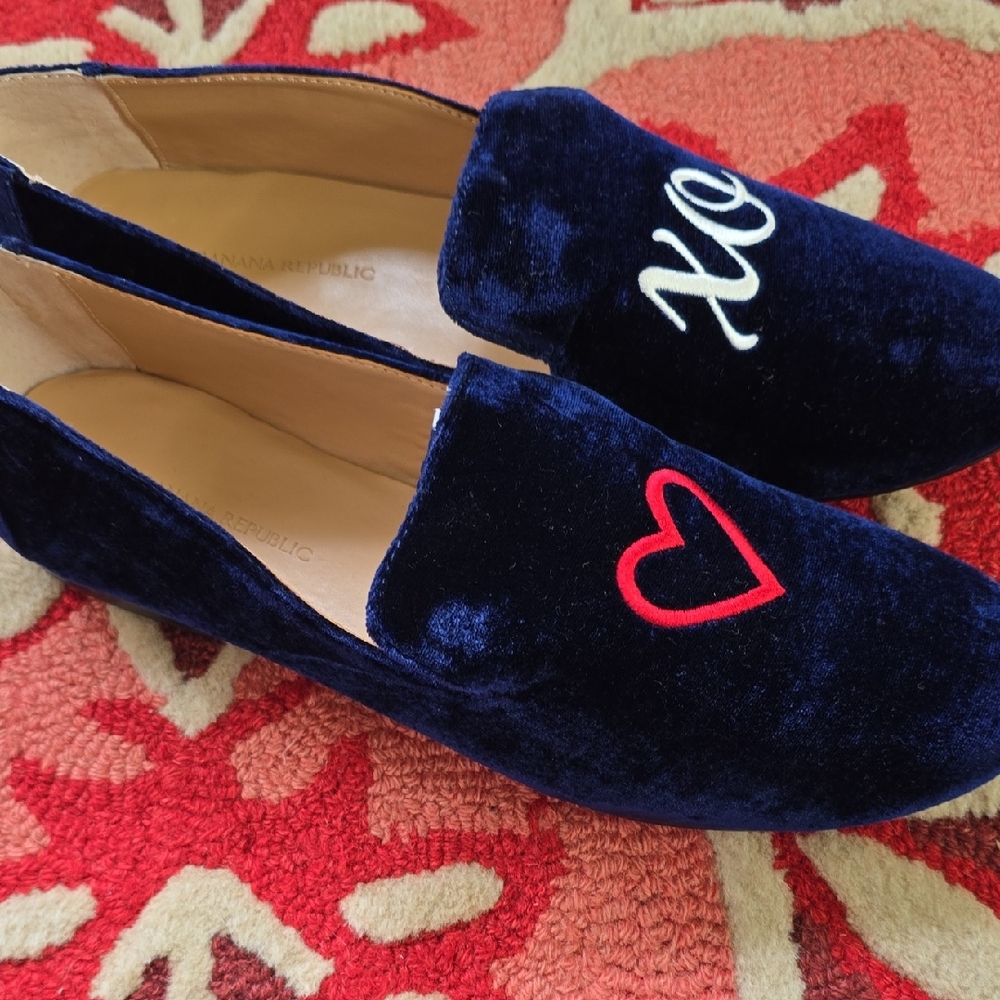 Banana Republic Blue Velvet Loafers with Embroidered Details